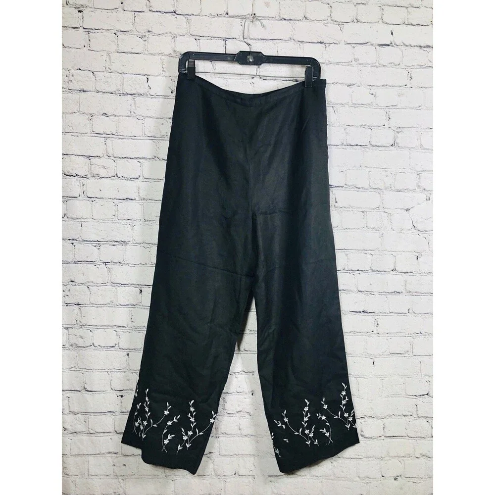 Herman Geist Women's Linen Blend Black Embroidered Leg Side Zip Crop Pants 12